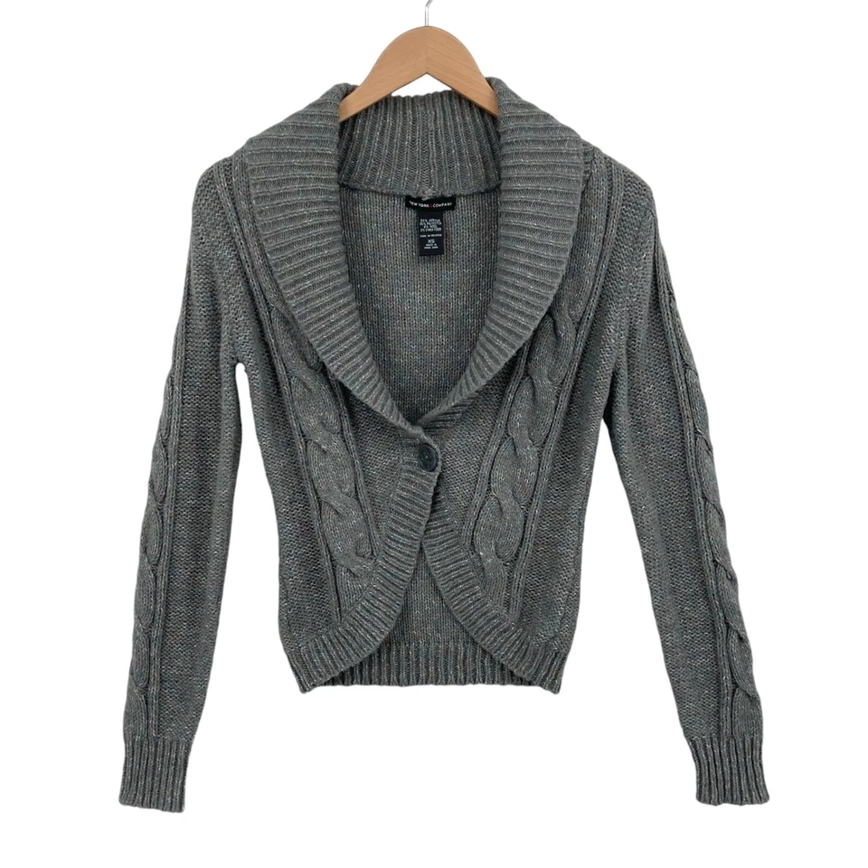 New York & Co Cárdigan Suéter Mujer XS Gris Tejido Chal Cuello Un Botón Delantero Foto 1 de 4