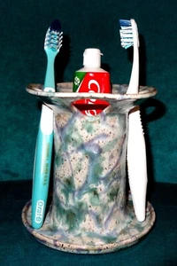Hand Thrown Art Pottery Toothbrush Toothpaste Holder Signed Blue Drip Glaze - Picture 1 of 11