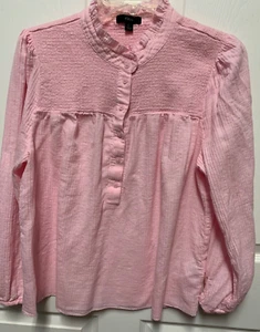 J Crew shirt size L pink smocked long sleeve Popover cotton EC ruffle Gauzy - Picture 1 of 7
