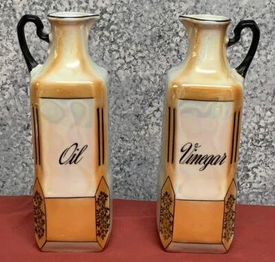 VICTORIA China Peach Lusterware Iridescent OIL VINEGAR Bottles Decanters 8 1/4" - Image 1 of 4