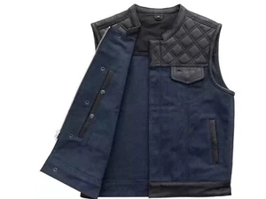 Men’s Rider Waistcoat Hunt Club Leather Diamond Quilted Motorbike Denim Vest - Picture 1 of 3