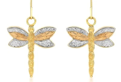 9ct Yellow, White, Rose Gold Dragonfly Earrings Drop / Dangle Earrings - Image 1 of 4