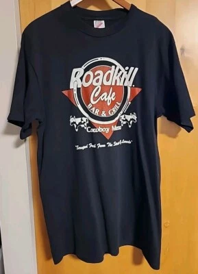 VTG  Roadkill Cafe Cowboy Menu T-Shirt sz L Black western Redneck Hillbilly USA  - Image 1 of 4