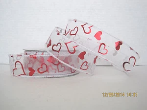 Sheer Ribbons 5 or 7yds Valentines Red Hearts White Lime Red Emerald Dots 1.5"! - Picture 1 of 27