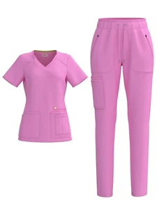 Women's 4 Way STRETCH Panel Side Top with Zipper Trim Cargo Scrub Pants - Picture 1 of 67