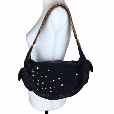 Bolso de Hombro Hobo DE Colección fósil Estrás Tachonado Cuero Dorado Trenza Años 90 Foto 1 de 4