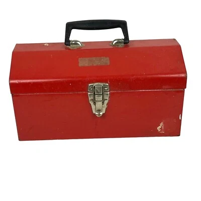 Vintage Red Metal Hip Roof Tool Box Rusty Classic 15" x 8" - Image 1 of 4