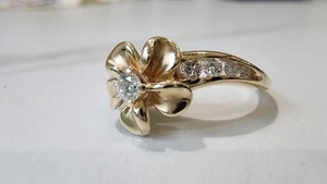 14k Yellow Gold Hawaiian Plumeria and Diamond Flower Ring - Picture 1 of 10