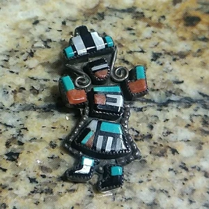G.B. Natachu Native American Zuni Sterling Silver Kachina Dancer Inlay Rare Pin - Picture 1 of 7