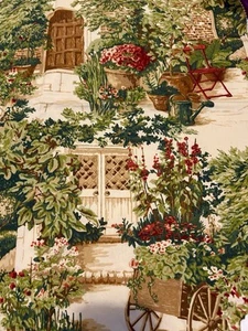 Cottage Garden Retreat Westgate Cotton Huge Fabric Square 27”x27” Flower Cart - Picture 1 of 8