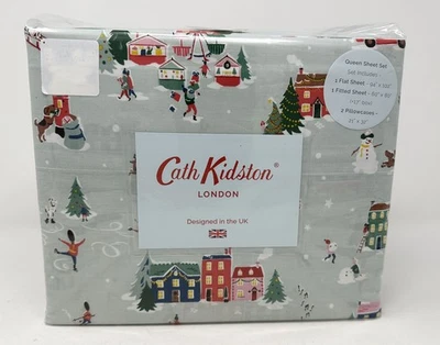CATH KIDSTON SNOW DAY Queen Sheet Set Duckegg Winter Christmas Village NIB NEW - Image 1 of 4