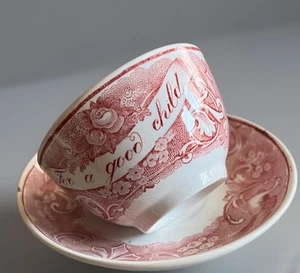 Taza y platillo antiguos para niños Transferware, "Para un buen niño" C1860 - Imagen 1 de 10