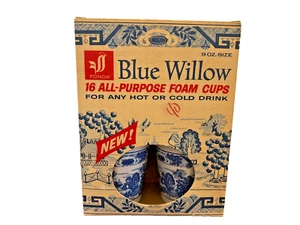 Blue Willow Foam Cups Vintage Unused Box New Old Stock 16 Cups 9 oz Fonda Co - Picture 1 of 9