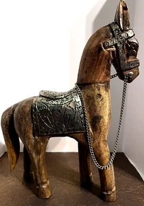 12" X 9" Wood Horse Bridle Chain Fancy Silver Tone Saddle Hand Carved Figure - Picture 1 of 10