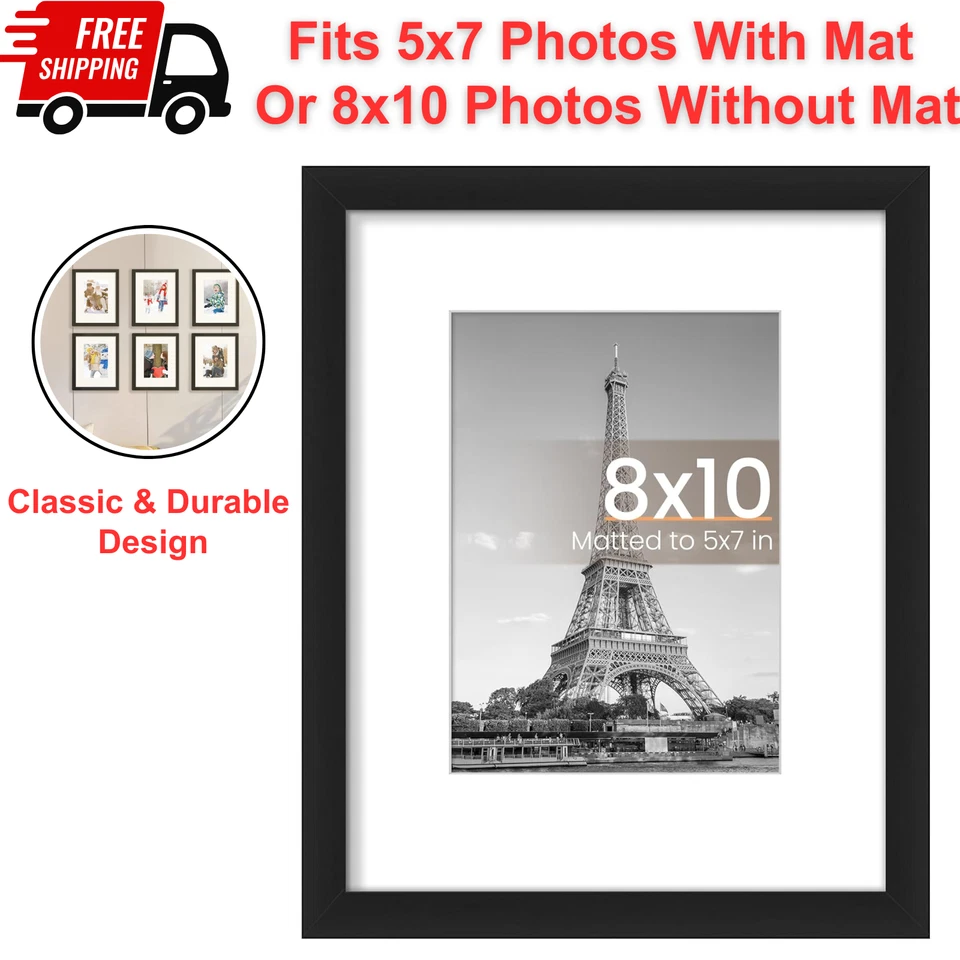 Marco de fotos negro 8x10, pantalla 5x7 con tapete o 8x10 sin tapete, montaje en pared Foto 1 de 4