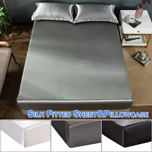 Extra Deep Full Silk Fitted Sheet Bed Sheets Pillowcase Set Full/Queen/King Size - Picture 1 of 38