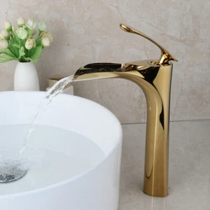 Luxury Waterfall Gold Bathroom Basin Vessel Sink Mixer Faucet Single Lever Taps - Picture 1 of 11
