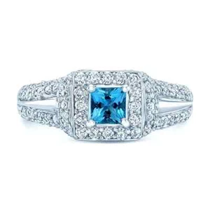 Aquamarine Diamond Princess Cut Ring 18K White Gold Square Halo Natural 1.09 TCW - Picture 1 of 3