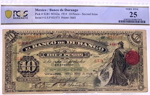PCGS 1914 10 Pesos Banco De Durango Second Issue Very Fine 25 Note. Lot.10 - Picture 1 of 10