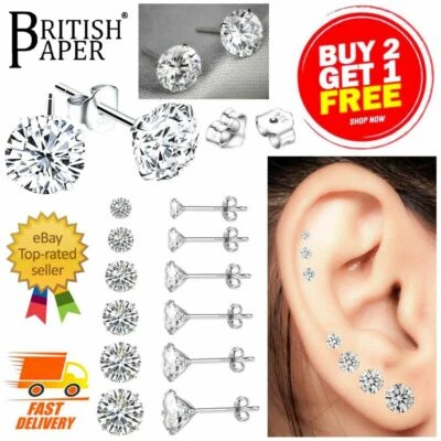 Real 925 Sterling Silver Cubic Zirconia Studs Earrings Men Ladies Women Kids Set - Image 1 of 4