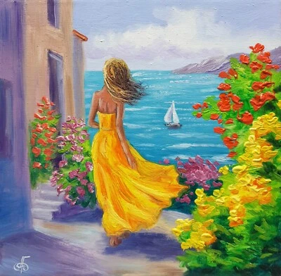 Original Woman Seaside Hand Painted Artwork Decor Gift Wall Art Ukrainian Artist - Image 1 of 4