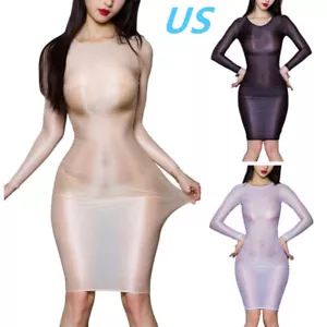 Damen Seide glänzend Langarm Bodycon Minikleid Nachthemd Nachtkleid - Bild 1 von 49