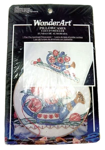 Wonderart Pillowcase Kit Pair of Stamped Water Can Flowers Needlecraft NOS READ - Picture 1 of 9