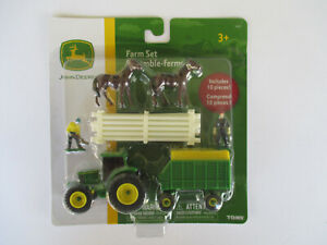 TOMY *JOHN DEERE* Farm Set Tractor,Trailer,2 Farmers,Horses,10 Pieces! 3+ NEW!