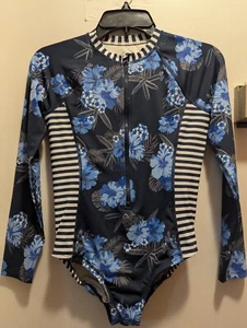 Wonder Nation Youth Girls XL (14-16) Blue Long Sleeve Full Zip Floral Swimsuit - Picture 1 of 11