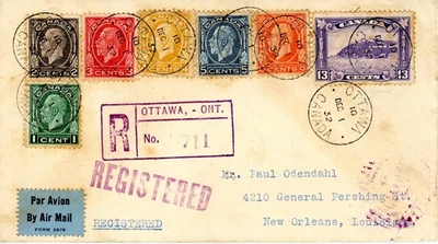 Canadá FDC Scott 195-201 1 de diciembre de 1932 registrado en Nueva Orleans desde Ottawa Foto 1 de 2