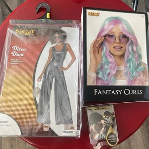 Spirit Halloween Disco Diva Adult Medium 8-10 Jumpsuit Belt & Fantasy Curls Wig - Picture 1 of 24