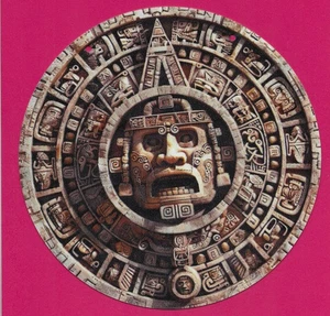 MAYA ROUND ALUMINUM PLATE 2D FLAT ART 7 3/4 INCH  ROUND,MAYAN CULTURE CARVINGS - Picture 1 of 7