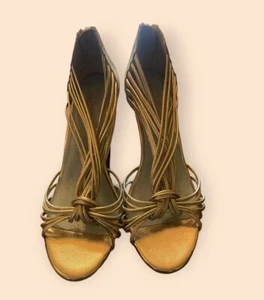 Seychelles Womens Shoes Size 9.5 Gold Metallic Leather Open Toe Block Heel Pumps - Picture 1 of 13