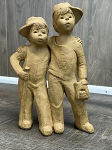 Vintage Collectible Lee Bortin Clay Art Sculpture Figures 2 Boys - Picture 1 of 10