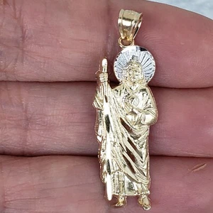 14k Yellow white Gold Saint Jude Pendant charm 1.35 inch Long - Picture 1 of 10
