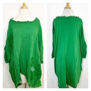 Linen Top Womens OS Green Italian Lagenlook Boho Roll Tab Sleeve Luxury Sporty - Picture 1 of 14