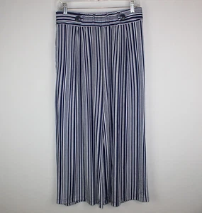 Robert Louis Pants Cropped Gaucho Blue Stripe Women Size L Elastic Waist Pockets - Picture 1 of 8