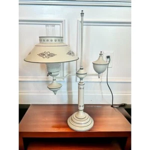 Toleware Lamp-Student Desk- Painted Black & White Metal Tole Table 2 Arm Vintage - Picture 1 of 14