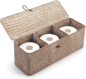 Whitewash Seagrass Tank Basket with Lid Woven Toilet Roll Storage - Picture 1 of 8