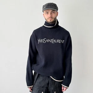 Vintage 90s YSL Yves Saint Laurent Big Logo Turtleneck Knit Sweater Size L - Bild 1 von 7