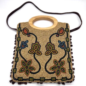 David & Scotti Wood Beaded Floral 12" Shoulder Bag Leather Fringe Earth Tones - Picture 1 of 14