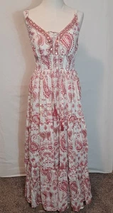 NWT Me 2 Magic Anthropologie Sz L Red Paisley Metallic Tiered Boho Maxi Dress - Picture 1 of 16