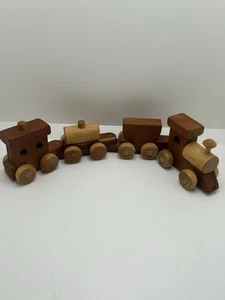 Handmade Wooden Dark & Light Wood Train Set Toy Unpainted 4 Pieces 13” Long - Picture 1 of 11