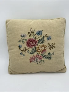 Vintage Wool Needlepoint Roses Throw Pillow 14"x14” Floral Pink Blue Off White - Picture 1 of 13