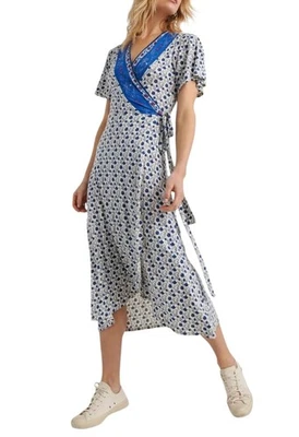 Lucky Brand Dres Midi Wrap  White Blue Floral Womens Size M Flutter Sleeve Hi-Lo - Image 1 of 4