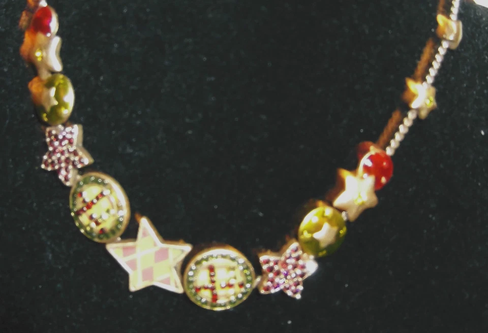 Handmade GREEN BADGE & CRYSTAL CHARM Necklace  by PILGRIM - 14 to17" Long NEW - Image 1 of 4