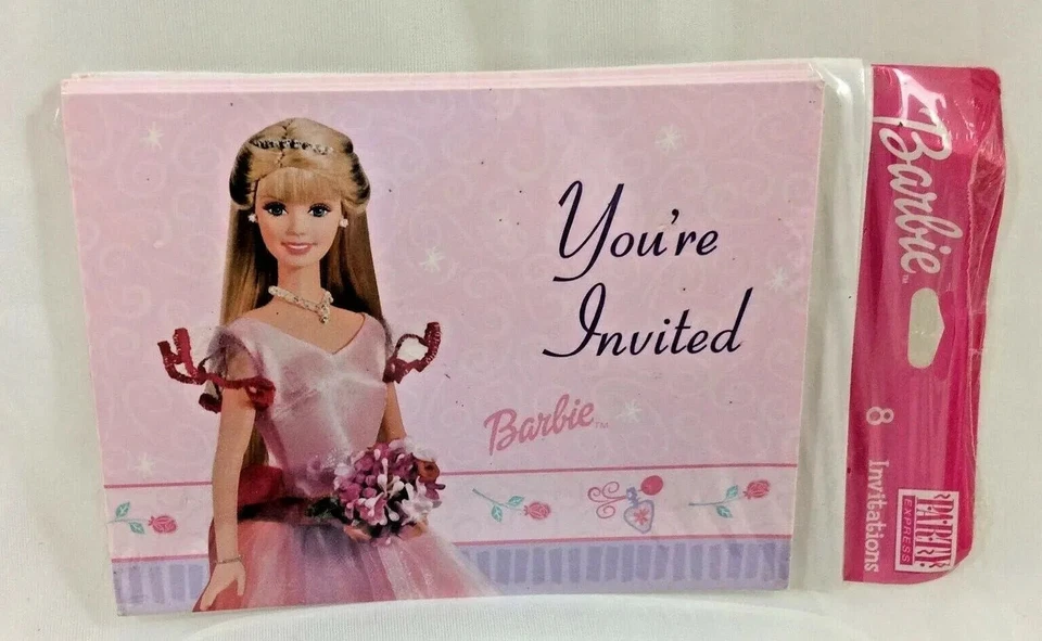 New & Sealed - Barbie Mattel Pink Dress Party Invitations By Hallmark - Set of 8 - Image 1 of 2