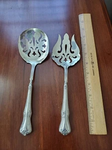 ANTIQUE STERLING SILVER HANDLE SALAD BERRY FORK SPOON PIERCED SERVING SET 9" - Picture 1 of 12