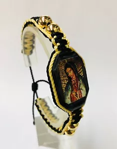 Pulsera Virgen de Guadalupe doble tejida Bk/Gl gold plated beads hecha a mano - Picture 1 of 5