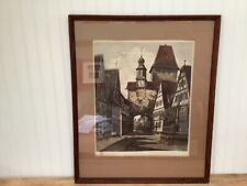 Colorized Print German Village City Clock Tower by Geissendorfer Vintage Large